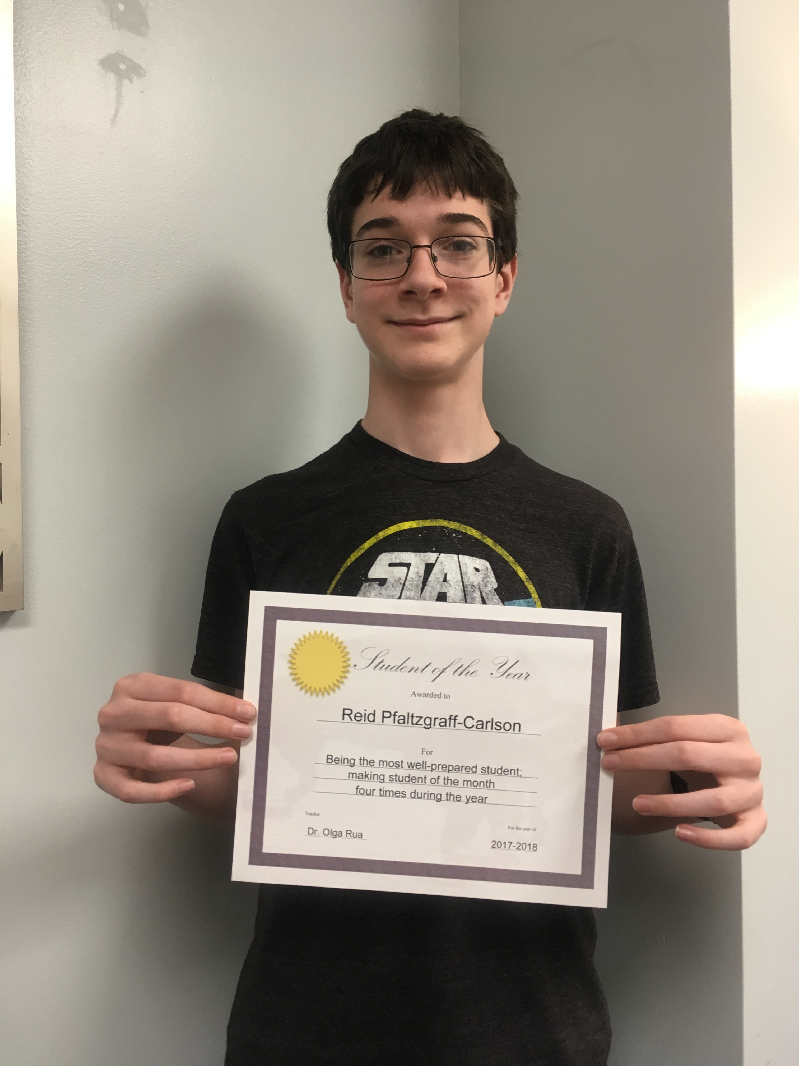 Student of the year 2017-2018 Reid Pfaltzgraff-Carlson